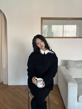 [UNISEX] Overfit velor off shoulder double snap button long sleeve knit T (4 colors)