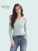 Mint chiffon mesh shirring long-sleeve tee