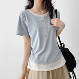 ルーズスリムフィット💫カラーリングレイヤードUネックシャーリングボタンデイリーTシャツ(6 colors)