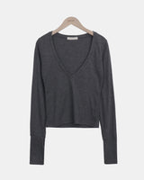 Poin Deep V-Neck Button-Sleeve Long-Sleeve T-Shirt