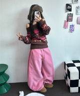 フリース🩷サイドピンタックロングワイドオーバーパンツ 💙🤎🩷🩶🖤5COLOR
