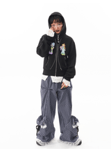 ブルーチェックレースドローストリングポケットパンツ