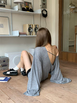 Boxy loose fit unbalanced shoulder long-sleeve T-shirt