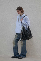 Lettering sleeve striped shirt - Blue