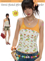 BETWEENAND Hawaii-style pleated, asymmetrical color-block top for women, with printed straps and a tank top design