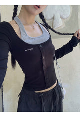 ホルターレイヤードツーピース長袖Tシャツ