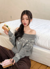 [SHOPPERMADE] オフショルダーリボンノルディックニット+ タイセット(4color)
