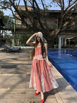 Red cherry checkered lace sleeveless long dress