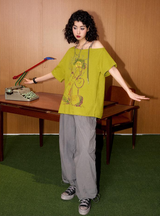 ハンドペインティドパターンプリンティドオフザショルダー半袖Tシャツ