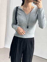 Ciar Collar V-Neck Slit Ribbed Long Sleeve Knit