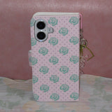 Rose Dot Pink Strawberry Milk Vintage Diary Case Leather Card Wallet Phone Case