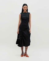 DOZI - Sleeveless Pinched Long Dress _ BLACK