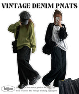 [3-tier length] [S–2XL] デュミンズローリンブインシジョンステッチサイドタックワイドデニムパンツ