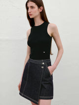 (SK-5033)UNBALANCED WRAP DENIM MINI SKIRT