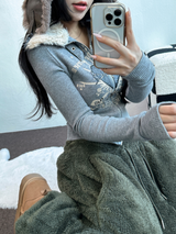 FUR🤎🧸CROPPED HALF PRINTING JUMPER ZIP UP🩶🖤2COLOR