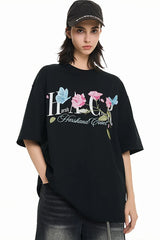 バタフライローズエンブロイダードロゴTシャツ