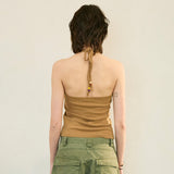 Beads Pigment Halter Neck Sleeveless Brown
