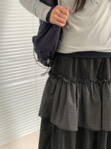 Handad Frill Check Banding Long Skirt