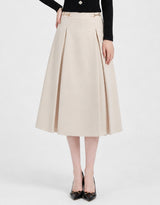 Mirabelle Gold Horsebit Pleated A-Line Midi Skirt Cream