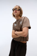 EEERRR Heart lace artwork semi-crop T-shirt (Mocha)