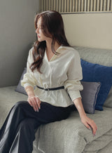 Doberin Open Collar Pintuck Blouse (Belt Set)