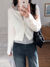 Round Loose Crop Shaggy Knit Cardigan (6color)