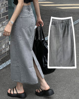 SALE! Gray washed denim back slit H-line long skirt (Gray)
