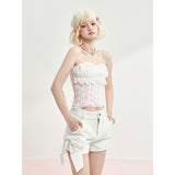 [GirlyFancyClub] Pink Plaid Cinched Waist Corset Bustier Top