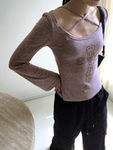 Comfo ビンテージクロスストラップディープUネック長袖Tシャツ