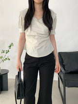 Paibee Collared Neck Shirred Blouse