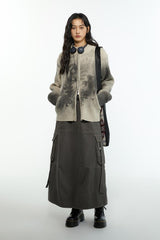 Retro wool blend inkjet printed zippered cardigan sweater