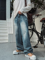 Drain embossed washed balloon denim pants