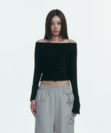 GRAPHIC OFF SHOULDER KNIT HOODED_BLACK