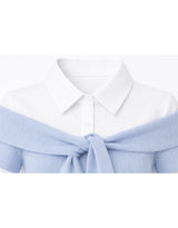 Elly Off-Shoulder Tie Ribbed Short Sleeve Knit T-Shirt Skyblue
