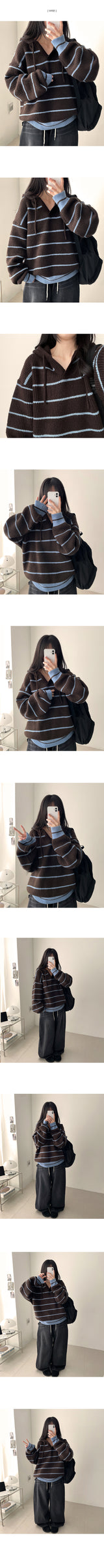Foaming Stripe Dangara Boxy Fit Knit Hooded