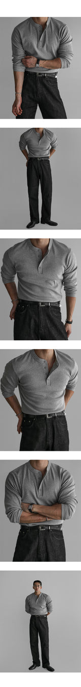 Ribbed Henley Neck Muscle Long Sleeve Knit Tee [Gray]