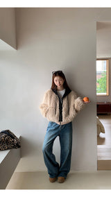 Eyes Hooded Layered Fur Zip-Up Jacket