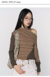 CONFUN Asymmetrical off-the-shoulder, laid-back and slimming base layer, striped knitted patchwork top