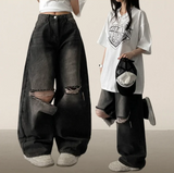Andy Knee Damage Cutting Deep Washed Denim Wide Pants
