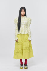 Flower Pattern Crease Ruffle Blouse Yellow