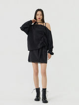 One-shoulder Blanc Ribbon Shirring Detail Top, Black