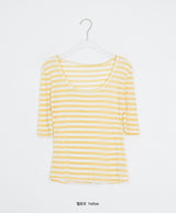 Yoka Stripe U-neck Layered Three Quarter Tee