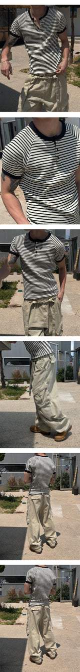 [Slim Fit] ストライプヘンリーネックハーフニットTシャツ(3color)