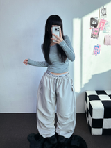 FLEECE❤SIDE SHIRRING STRIPE CROPPED LONG SLEEVE T SHIRT 🧸🤎🩶🩵3COLOR