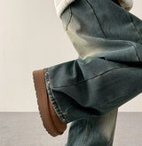 Leg hem snap side pin tuck denim wide pants