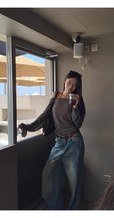 ルーズフィットオフショルダーレイヤードセットロングスリーブTシャツ