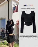 Unbutton slit square neck twist long sleeve knit (7 colors)