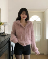 Winter Angora Knit Hooded Cardigan