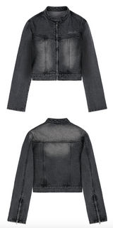 Sand Washing Crop Biker Denim Jacket