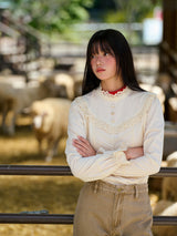 High-Neck Lace-Frill Blouse (Beige)